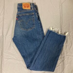 Levi Strauss 501 Skinny Jeans Women Blue Distressed Raw Measurements in photos.
